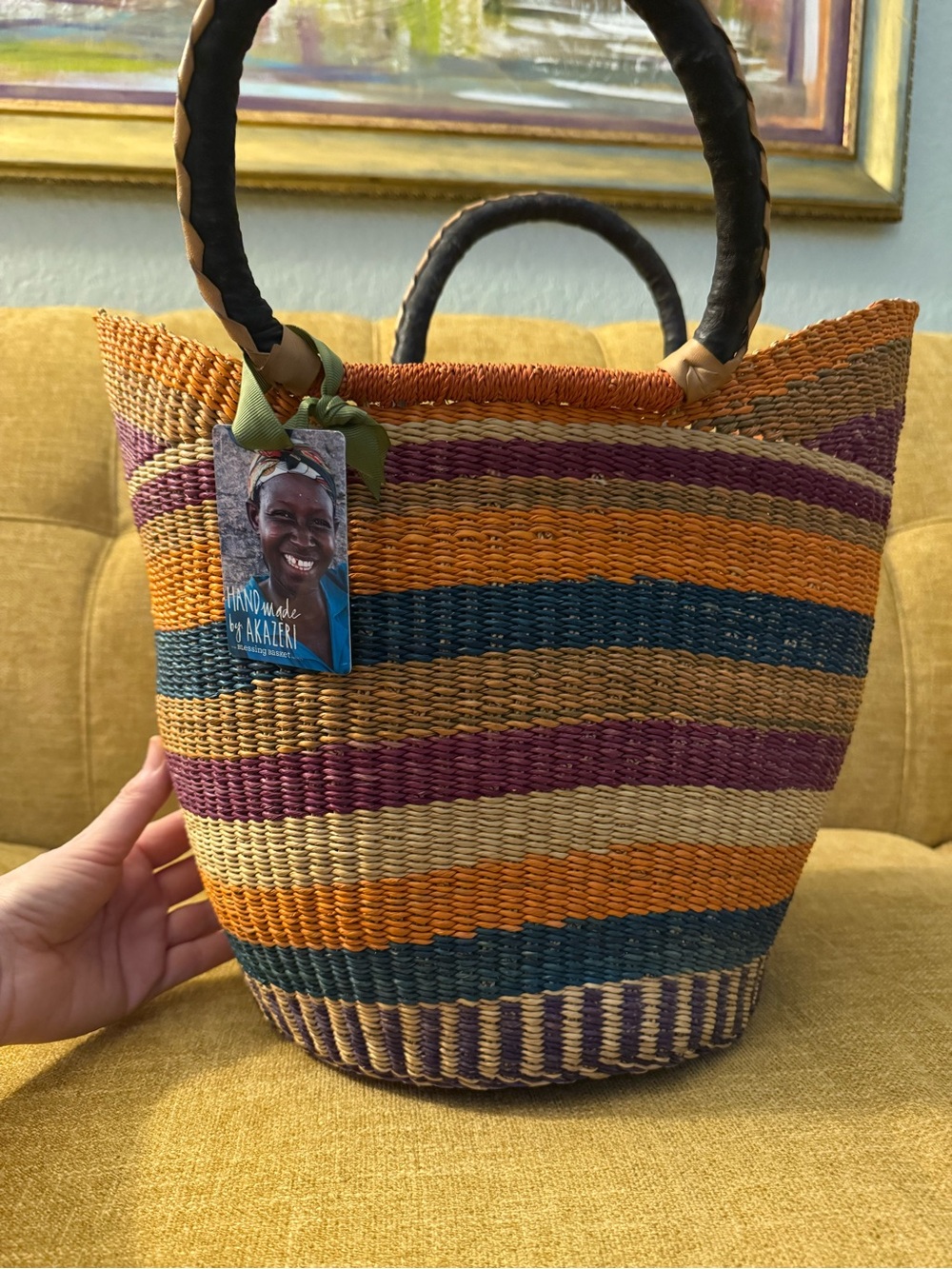 Akazeri Ahmah Apatterned basket, African woven market bag,orange blue purple NEW